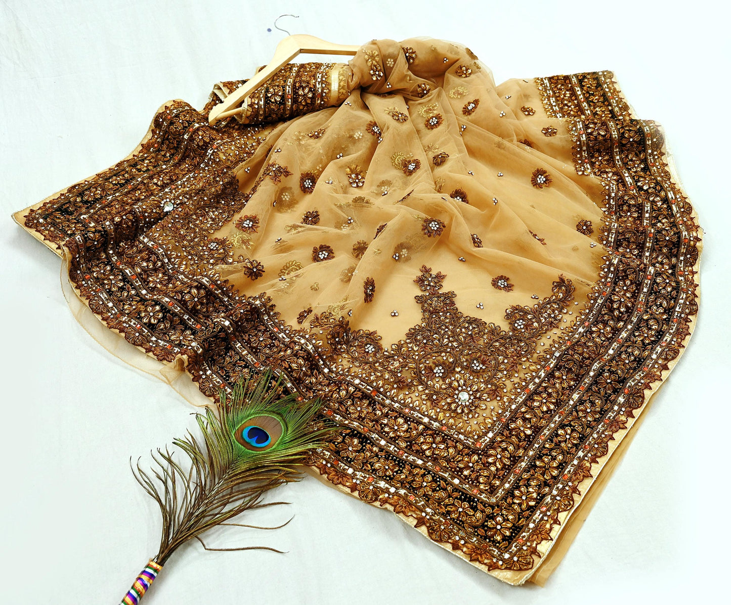 Indian Pre-owned Sari Beige Net/Mesh Hand Embroidered Anamika Khanna Designer Sarees Ethnic 5Yd Sewing  Zardozi/Dabka Zari Wedding Sarees