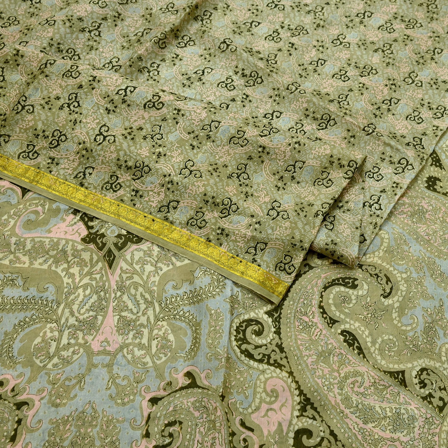 Indian Vintage Sari Green Pure Silk Printed Sarees 6yd Sewing Craft Fabric Dress Making  Soft Floral Wrap Upcycle Used Quilting Crafting