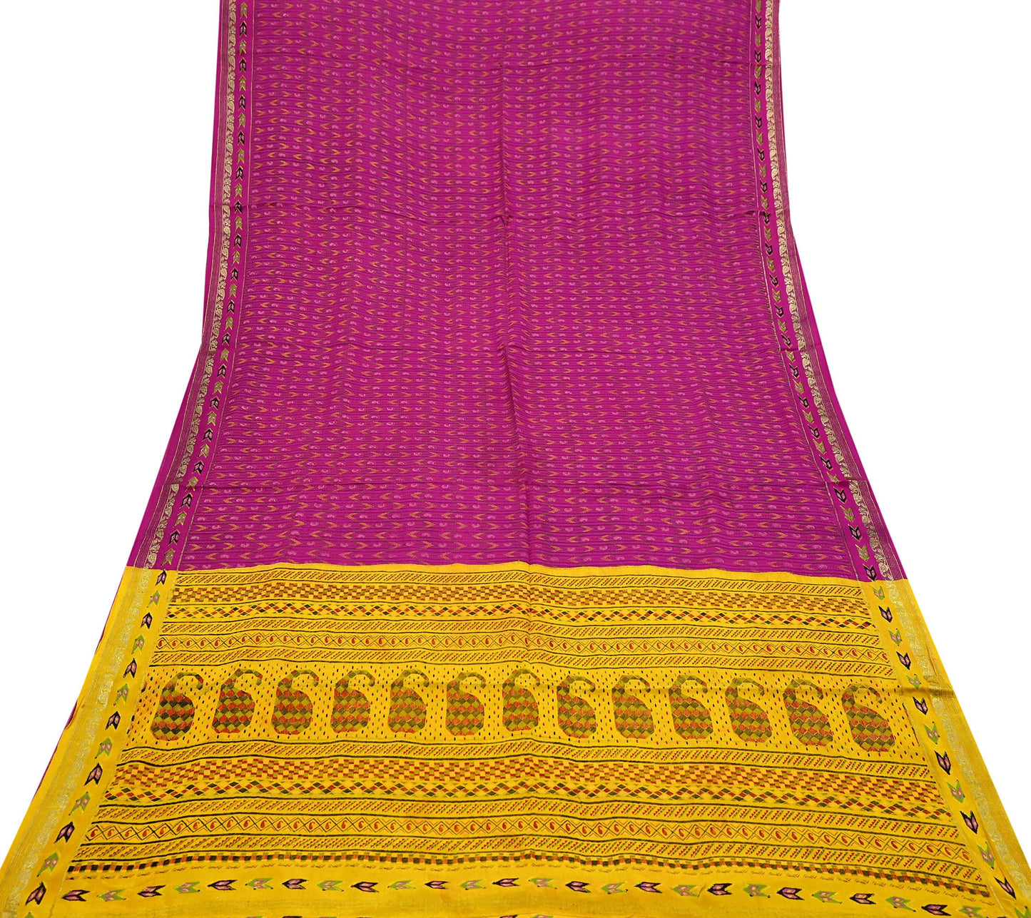 Indian Vintage Sari Purple & Yellow Printed Pure Silk Sarees 6yd Sewing Craft Fabric Floral Dress Making Soft Quilting Crafting Upcycle Used