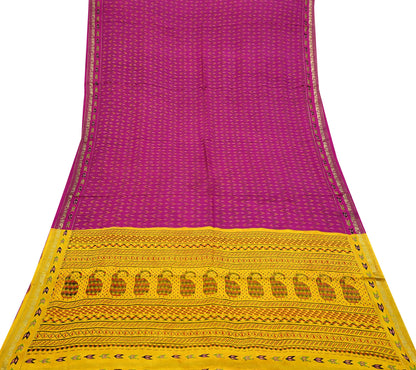 Indian Vintage Sari Purple & Yellow Printed Pure Silk Sarees 6yd Sewing Craft Fabric Floral Dress Making Soft Quilting Crafting Upcycle Used