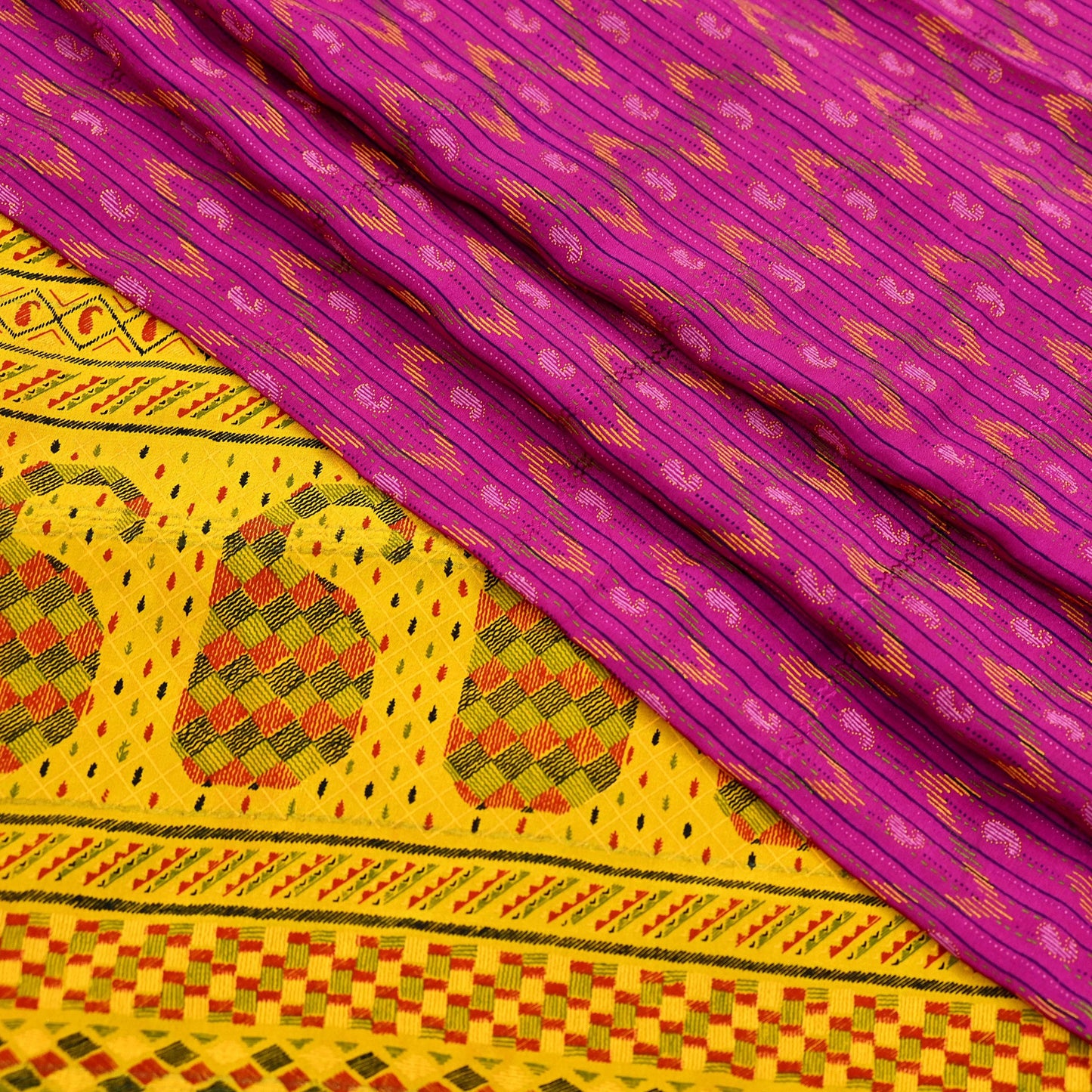 Indian Vintage Sari Purple & Yellow Printed Pure Silk Sarees 6yd Sewing Craft Fabric Floral Dress Making Soft Quilting Crafting Upcycle Used