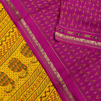 Indian Vintage Sari Purple & Yellow Printed Pure Silk Sarees 6yd Sewing Craft Fabric Floral Dress Making Soft Quilting Crafting Upcycle Used