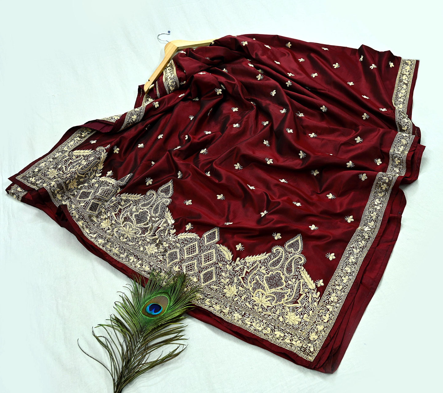 Indian Vintage Heavy Sarees Maroon Pure Silk Hand Embroidered Sari Fabric 5Yd Sewing Ethnic Zardozi/dabka zari Wedding sarees