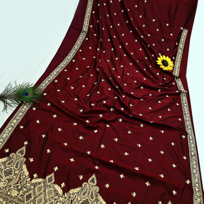 Indian Vintage Heavy Sarees Maroon Pure Silk Hand Embroidered Sari Fabric 5Yd Sewing Ethnic Zardozi/dabka zari Wedding sarees