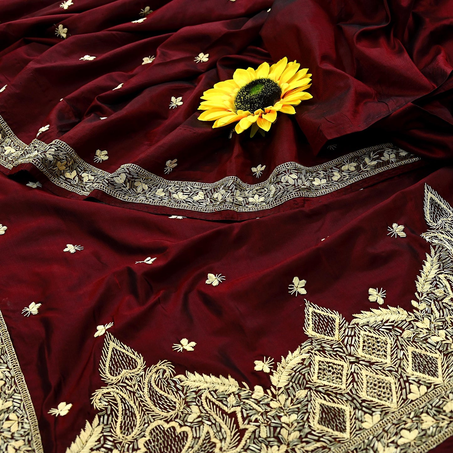 Indian Vintage Heavy Sarees Maroon Pure Silk Hand Embroidered Sari Fabric 5Yd Sewing Ethnic Zardozi/dabka zari Wedding sarees