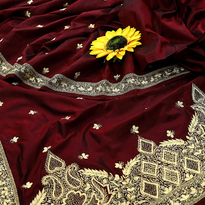 Indian Vintage Heavy Sarees Maroon Pure Silk Hand Embroidered Sari Fabric 5Yd Sewing Ethnic Zardozi/dabka zari Wedding sarees