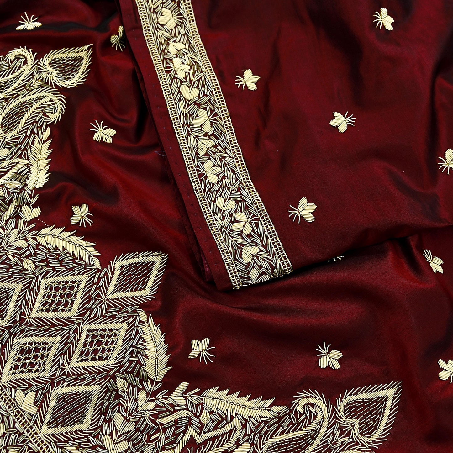 Indian Vintage Heavy Sarees Maroon Pure Silk Hand Embroidered Sari Fabric 5Yd Sewing Ethnic Zardozi/dabka zari Wedding sarees