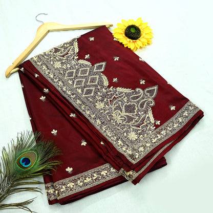 Indian Vintage Heavy Sarees Maroon Pure Silk Hand Embroidered Sari Fabric 5Yd Sewing Ethnic Zardozi/dabka zari Wedding sarees