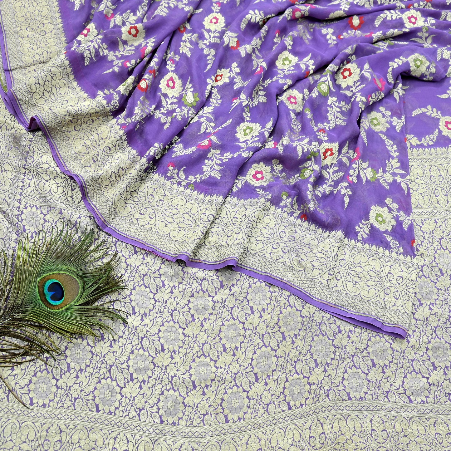 Vintage Heavy Purple Sarees Pure Georgette Silk Hand Woven Sari Craft Fabric 6Yd Sewing Soft Ethnic Zari Dress Making Wedding Sari