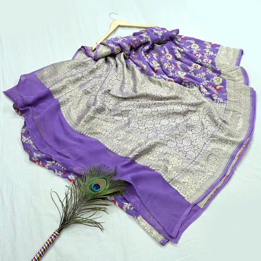 Vintage Heavy Purple Sarees Pure Georgette Silk Hand Woven Sari Craft Fabric 6Yd Sewing Soft Ethnic Zari Dress Making Wedding Sari