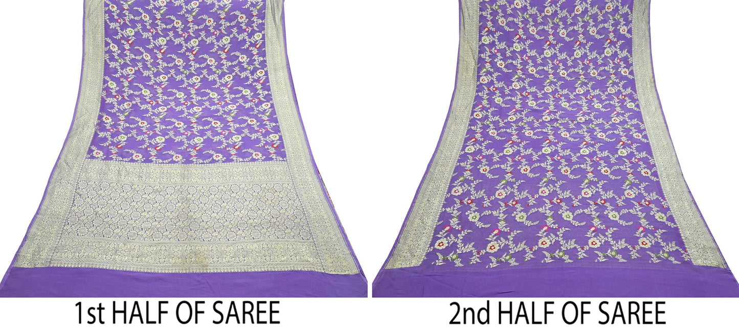 Vintage Heavy Purple Sarees Pure Georgette Silk Hand Woven Sari Craft Fabric 6Yd Sewing Soft Ethnic Zari Dress Making Wedding Sari