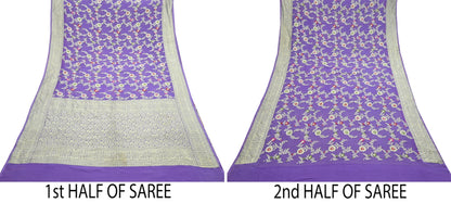 Vintage Heavy Purple Sarees Pure Georgette Silk Hand Woven Sari Craft Fabric 6Yd Sewing Soft Ethnic Zari Dress Making Wedding Sari