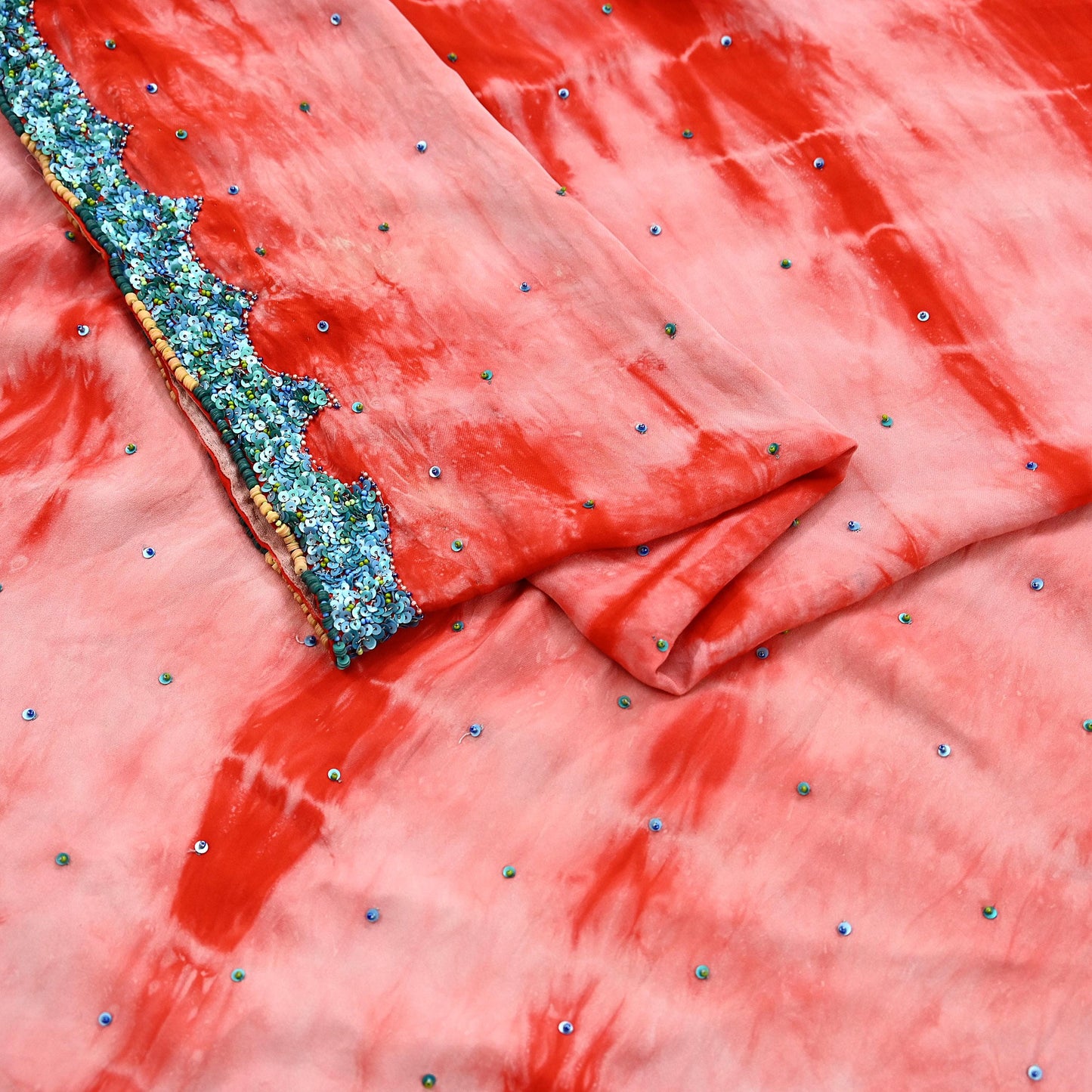 Indian Vintage Peach & Red Saree Pure Crepe Silk Hand Embroidered Tie-Dye Sari Fabric 5yard Sewing Craft Fabric Ethnic zari