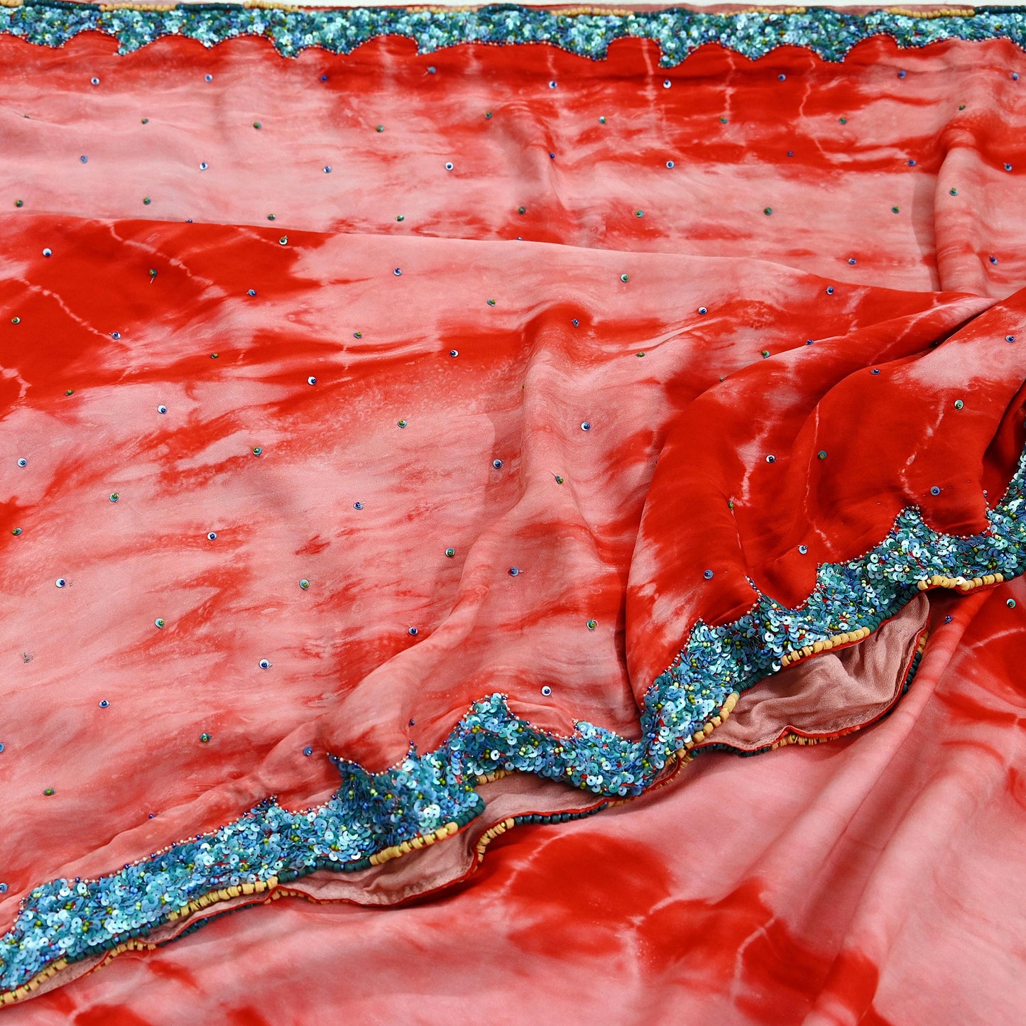 Indian Vintage Peach & Red Saree Pure Crepe Silk Hand Embroidered Tie-Dye Sari Fabric 5yard Sewing Craft Fabric Ethnic zari