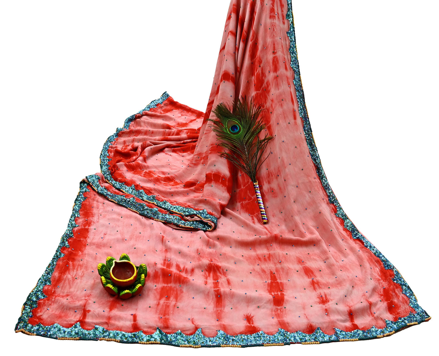 Indian Vintage Peach & Red Saree Pure Crepe Silk Hand Embroidered Tie-Dye Sari Fabric 5yard Sewing Craft Fabric Ethnic zari