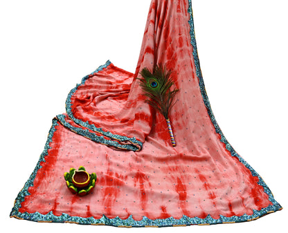 Indian Vintage Peach & Red Saree Pure Crepe Silk Hand Embroidered Tie-Dye Sari Fabric 5yard Sewing Craft Fabric Ethnic zari