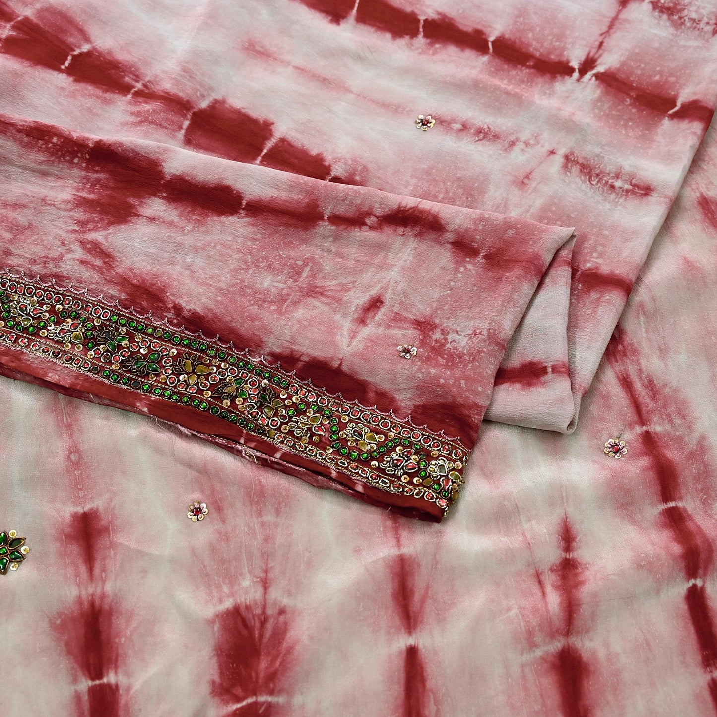 Indian Vintage Saree Pure Crepe Silk Hand Embroidered Tie-Dye Sari Fabric 5yard Sewing Craft Fabric Ethnic Dressmaking Crafting Zardozi Zari