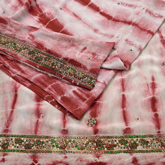 Indian Vintage Saree Pure Crepe Silk Hand Embroidered Tie-Dye Sari Fabric 5yard Sewing Craft Fabric Ethnic Dressmaking Crafting Zardozi Zari