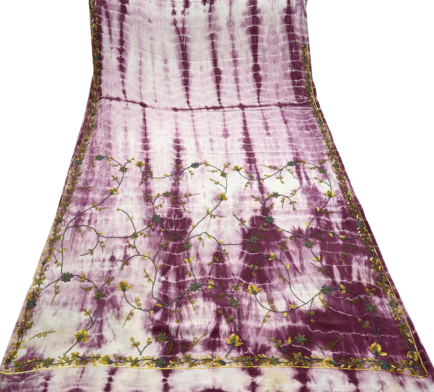 Indian Vintage Purple & Ivory Saree Pure Crepe Silk Hand Embroidered Tie-Dye Sari Fabric 5yard Sewing Craft Fabric Ethnic zari
