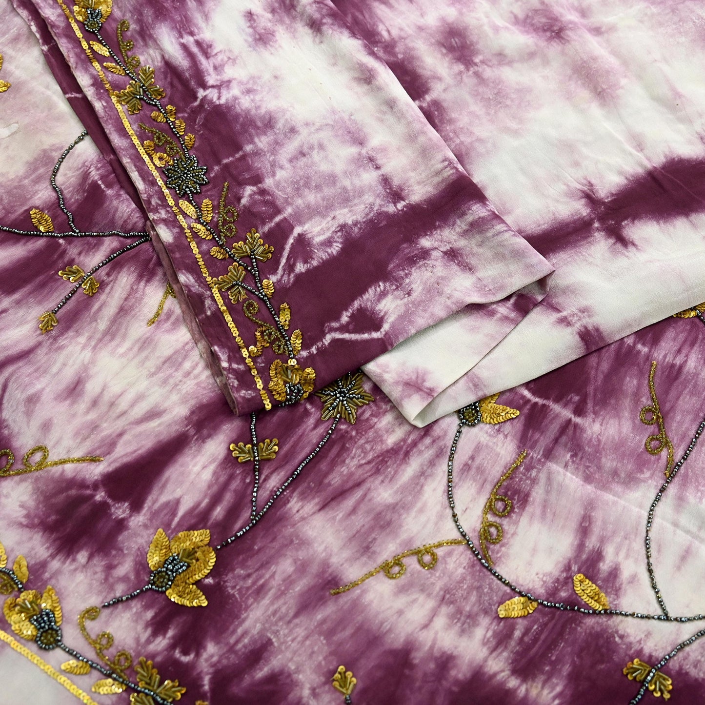 Indian Vintage Purple & Ivory Saree Pure Crepe Silk Hand Embroidered Tie-Dye Sari Fabric 5yard Sewing Craft Fabric Ethnic zari