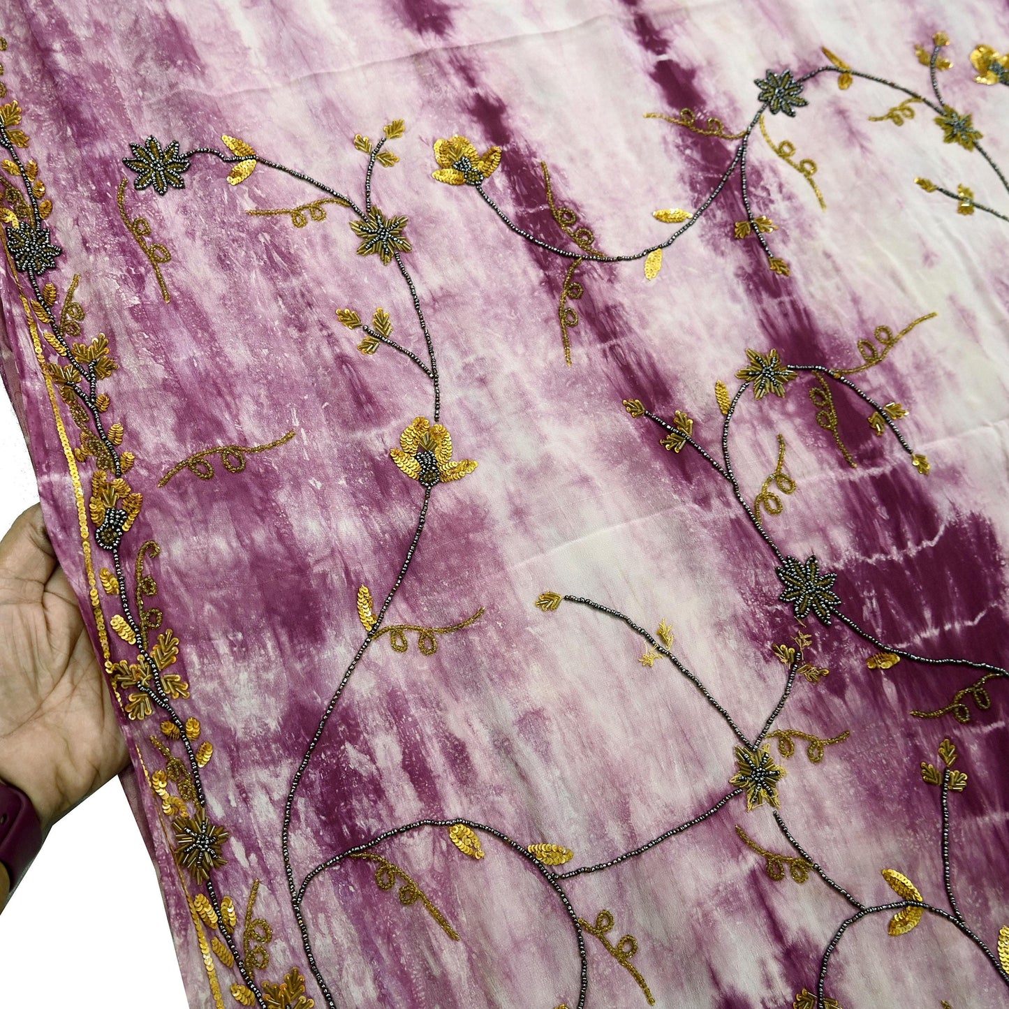 Indian Vintage Purple & Ivory Saree Pure Crepe Silk Hand Embroidered Tie-Dye Sari Fabric 5yard Sewing Craft Fabric Ethnic zari