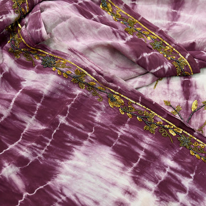 Indian Vintage Purple & Ivory Saree Pure Crepe Silk Hand Embroidered Tie-Dye Sari Fabric 5yard Sewing Craft Fabric Ethnic zari