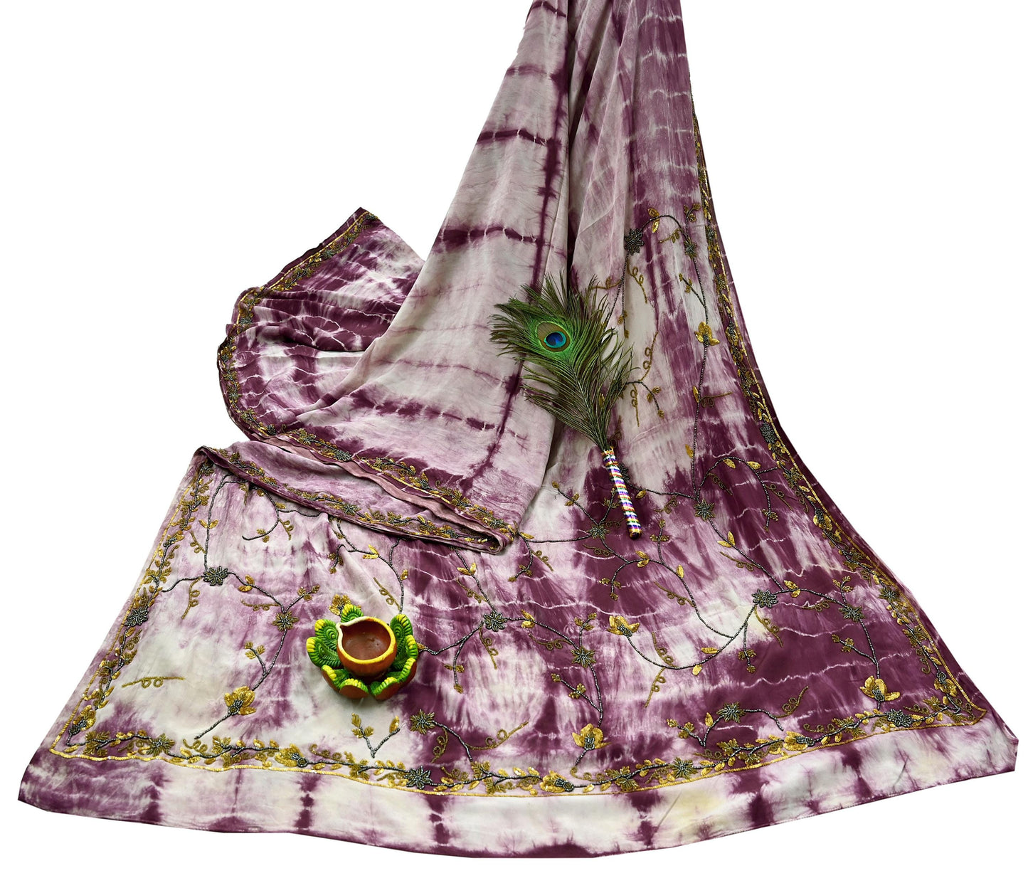 Indian Vintage Purple & Ivory Saree Pure Crepe Silk Hand Embroidered Tie-Dye Sari Fabric 5yard Sewing Craft Fabric Ethnic zari