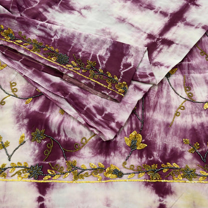 Indian Vintage Purple & Ivory Saree Pure Crepe Silk Hand Embroidered Tie-Dye Sari Fabric 5yard Sewing Craft Fabric Ethnic zari