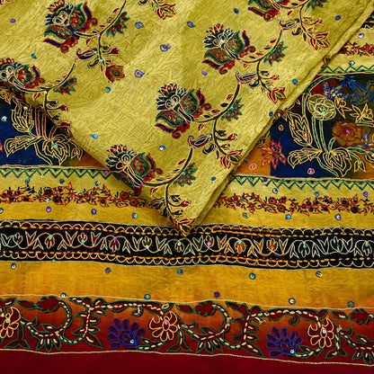 Indian Vintage Sari Pure Crepe Silk Hand Embroidered Saree 5yd Sewing Floral Craft Fabric Sequins Dress making Crafting Quilting