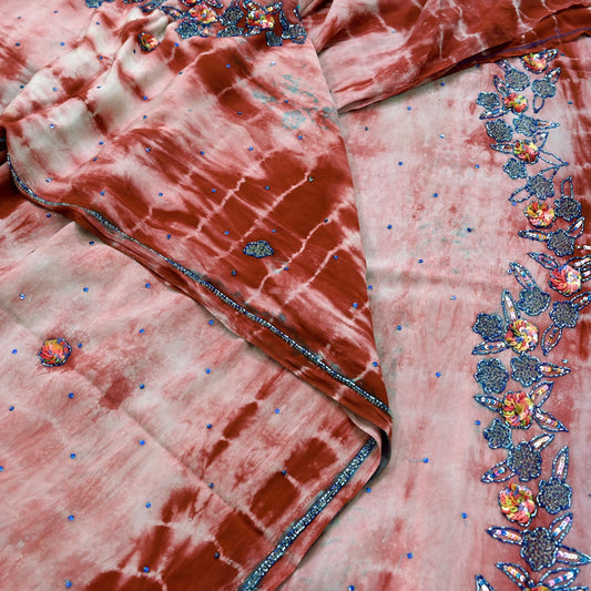 Indian Vintage Saree Pure Crepe Silk Hand Embroidered Tie-Dye Sari Fabric 5yard Sewing Craft Fabric Ethnic Dressmaking Crafting Zardozi Zari