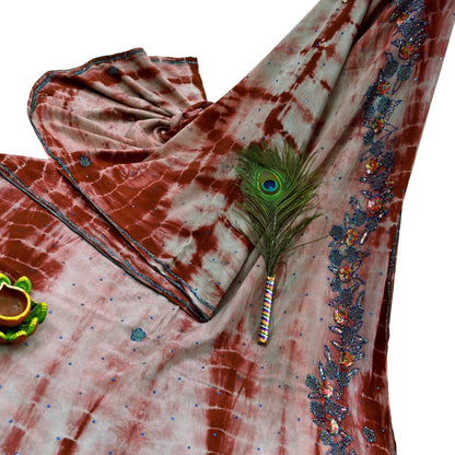 Indian Vintage Saree Pure Crepe Silk Hand Embroidered Tie-Dye Sari Fabric 5yard Sewing Craft Fabric Ethnic Dressmaking Crafting Zardozi Zari