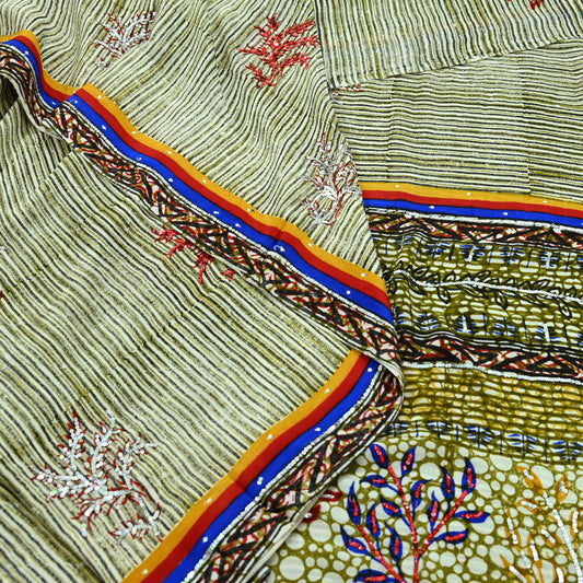 Indian Vintage Sari Pure Crepe Silk Hand Embroidered Saree 5yd Sewing Floral Craft Fabric Sequins Dress making Crafting Quilting