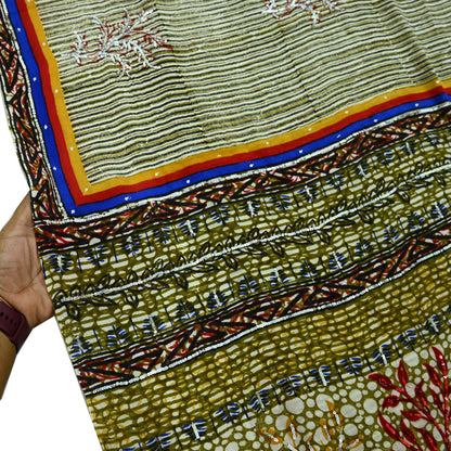 Indian Vintage Sari Pure Crepe Silk Hand Embroidered Saree 5yd Sewing Floral Craft Fabric Sequins Dress making Crafting Quilting