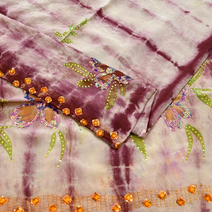 Indian Vintage Saree Pure Crepe Silk Hand Embroidered Tie-Dye Sari Fabric 5yard Sewing Craft Fabric Ethnic Dressmaking Crafting Zardozi Zari