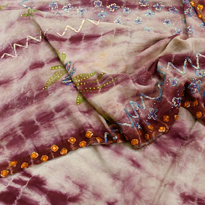 Indian Vintage Saree Pure Crepe Silk Hand Embroidered Tie-Dye Sari Fabric 5yard Sewing Craft Fabric Ethnic Dressmaking Crafting Zardozi Zari