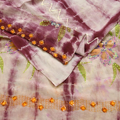 Indian Vintage Saree Pure Crepe Silk Hand Embroidered Tie-Dye Sari Fabric 5yard Sewing Craft Fabric Ethnic Dressmaking Crafting Zardozi Zari