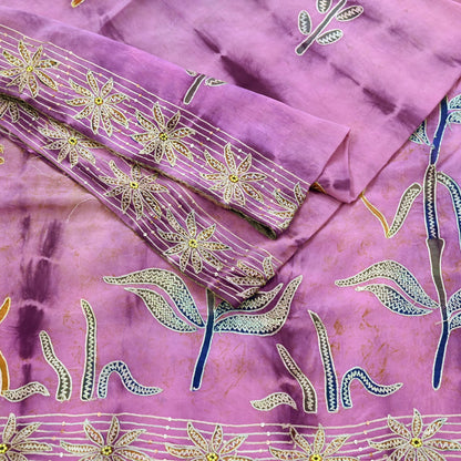 Indian Vintage Sari Pure Crepe Silk Hand Embroidered Sarees 5yd Sewing Craft Fabric Ethnic Wrap Upcycle Quilting Crafting Dress Making