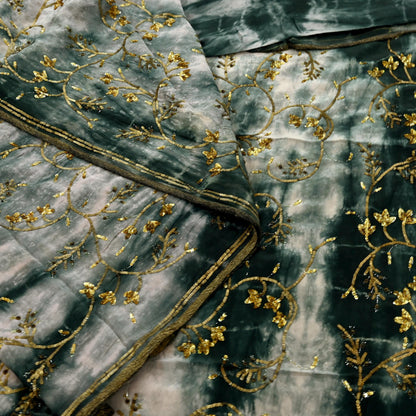 Indian Vintage Saree Pure Crepe Silk Hand Embroidered Tie-Dye Sari Fabric 5yard Sewing Craft Fabric Ethnic Dressmaking Crafting Zardozi Zari