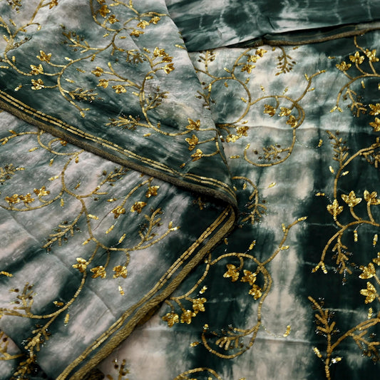 Indian Vintage Saree Pure Crepe Silk Hand Embroidered Tie-Dye Sari Fabric 5yard Sewing Craft Fabric Ethnic Dressmaking Crafting Zardozi Zari