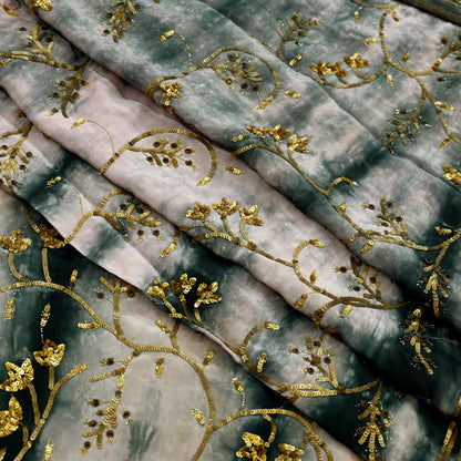 Indian Vintage Saree Pure Crepe Silk Hand Embroidered Tie-Dye Sari Fabric 5yard Sewing Craft Fabric Ethnic Dressmaking Crafting Zardozi Zari