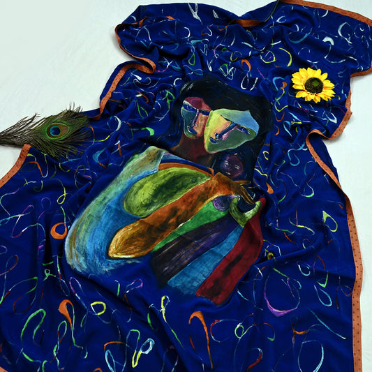 Indian Unique Vintage Pure Crepe silk Hand Painted wall hanging soft Boho Wrap Dressmaking Decor