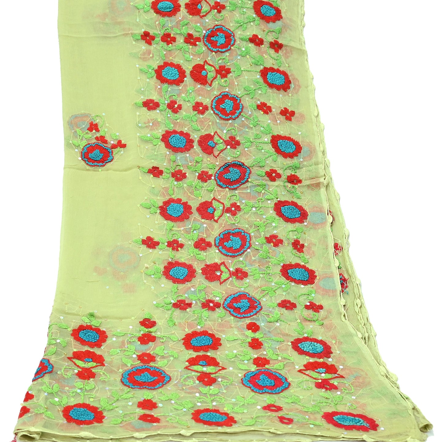 Indian Vintage Green Dupatta Pure Chiffon silk Long Stole Hand Embroidered Scarves Floral Design Stole Veil Wrap Sequins
