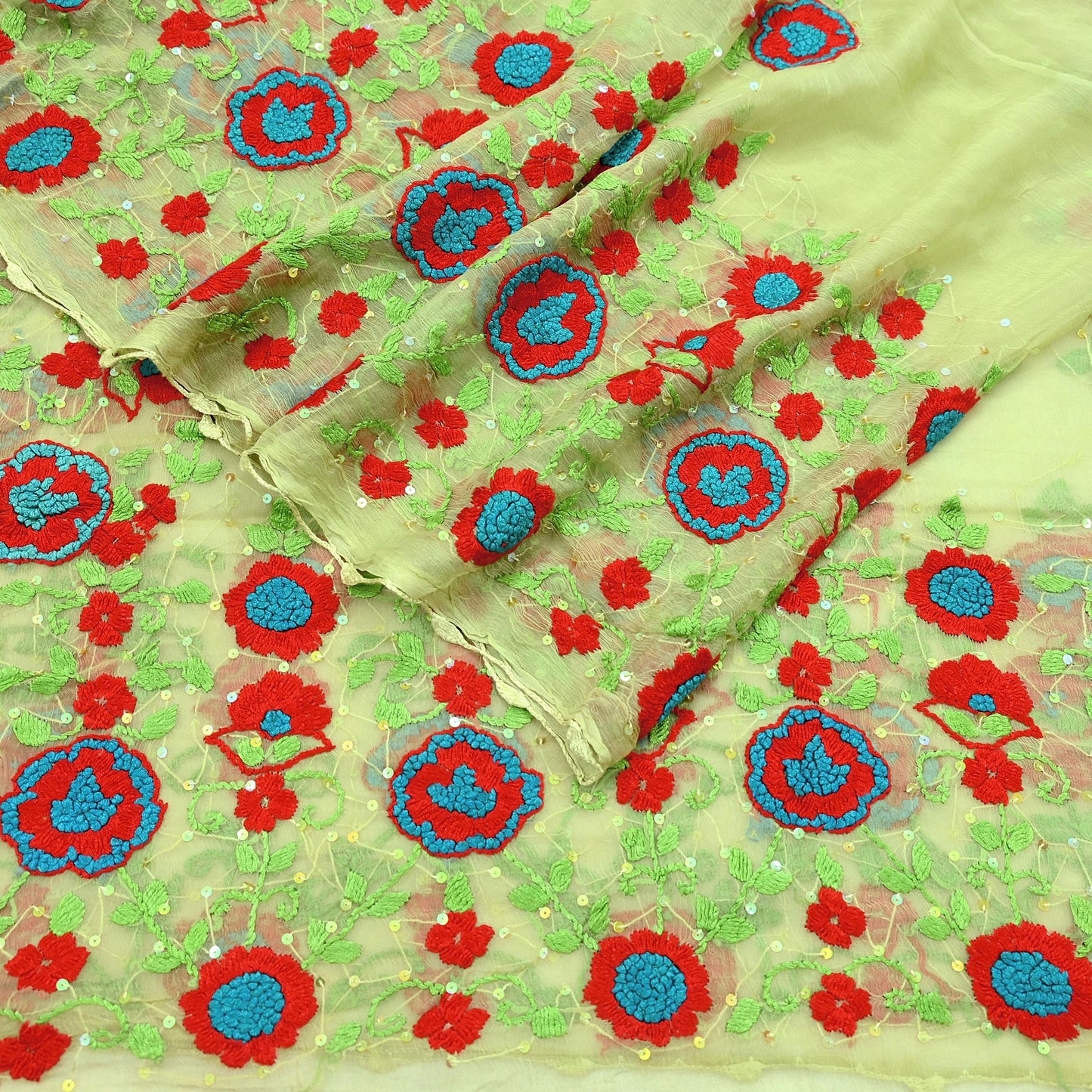 Indian Vintage Green Dupatta Pure Chiffon silk Long Stole Hand Embroidered Scarves Floral Design Stole Veil Wrap Sequins