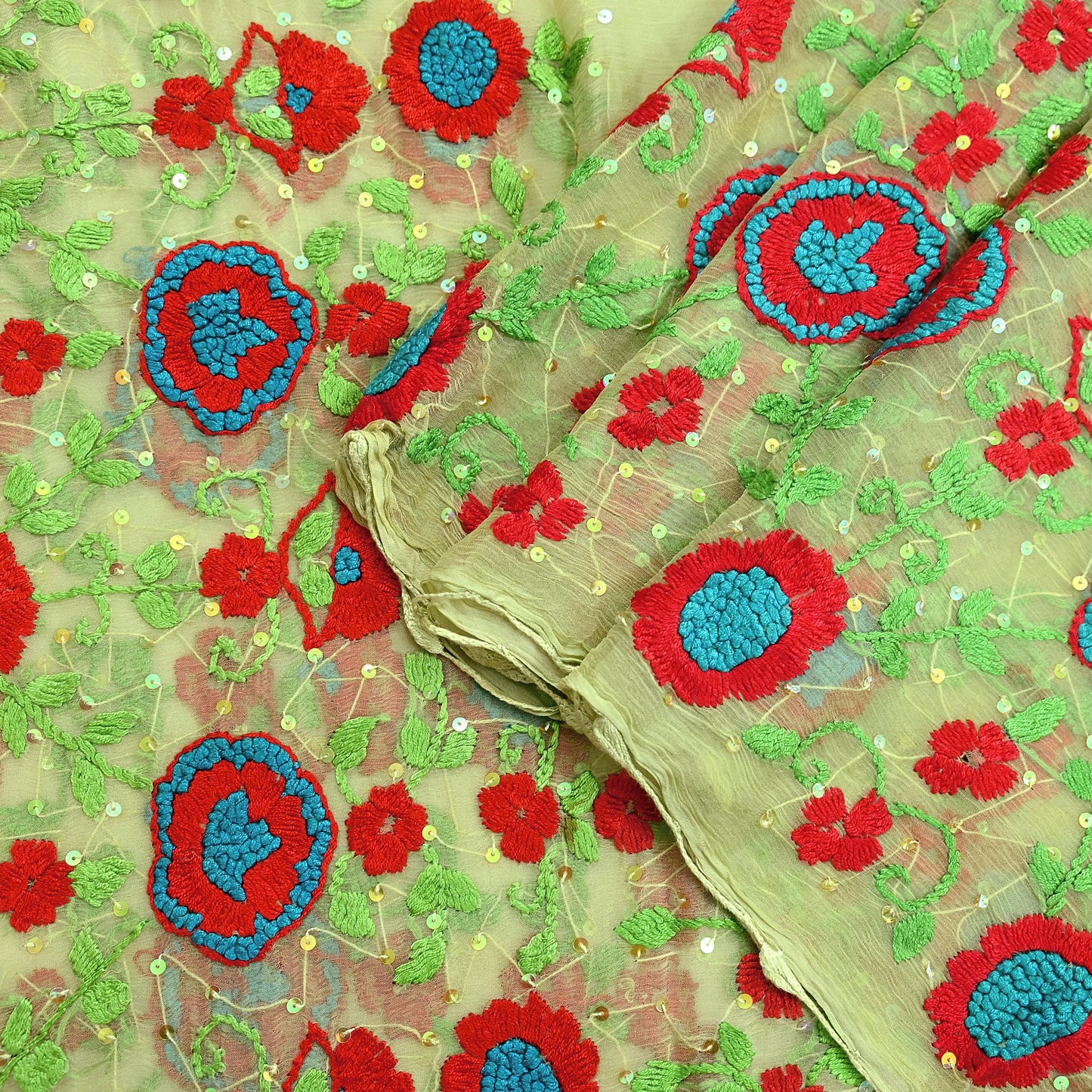 Indian Vintage Green Dupatta Pure Chiffon silk Long Stole Hand Embroidered Scarves Floral Design Stole Veil Wrap Sequins