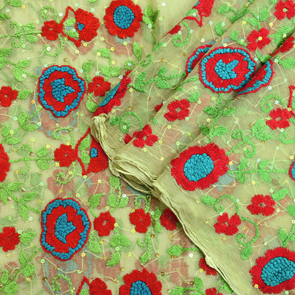 Indian Vintage Green Dupatta Pure Chiffon silk Long Stole Hand Embroidered Scarves Floral Design Stole Veil Wrap Sequins