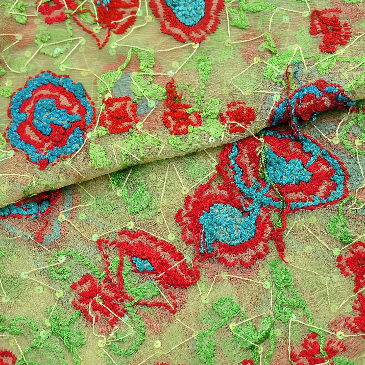 Indian Vintage Green Dupatta Pure Chiffon silk Long Stole Hand Embroidered Scarves Floral Design Stole Veil Wrap Sequins