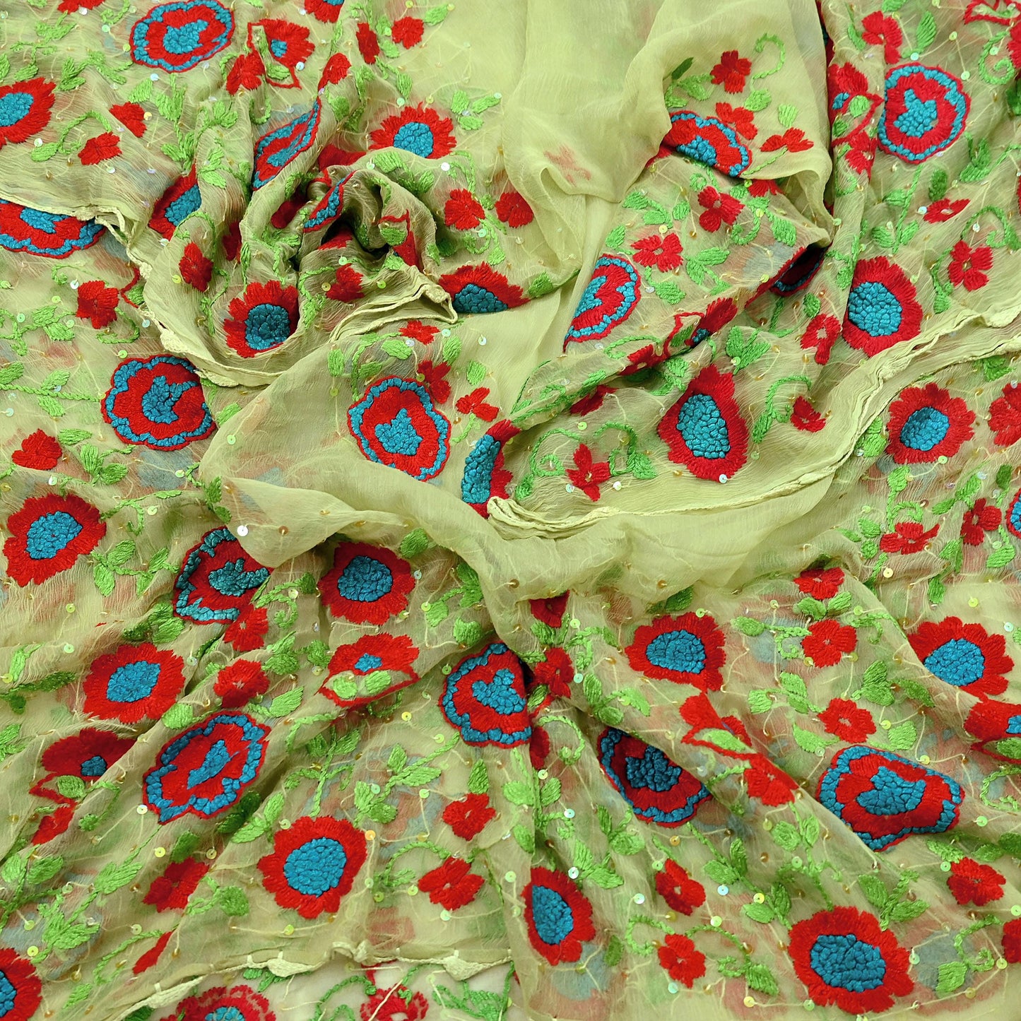 Indian Vintage Green Dupatta Pure Chiffon silk Long Stole Hand Embroidered Scarves Floral Design Stole Veil Wrap Sequins