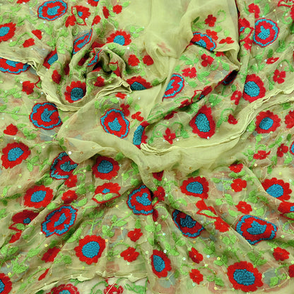 Indian Vintage Green Dupatta Pure Chiffon silk Long Stole Hand Embroidered Scarves Floral Design Stole Veil Wrap Sequins