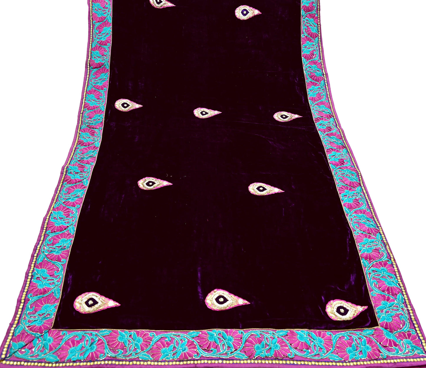 Indian Vintage Heavy Sari Purple Pure Georgette Silk & Velvet Hand Embroidered Sarees Craft Fabric 5Yd Sewing Ethnic Bollywood saree