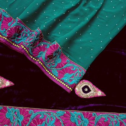 Indian Vintage Heavy Sari Purple Pure Georgette Silk & Velvet Hand Embroidered Sarees Craft Fabric 5Yd Sewing Ethnic Bollywood saree
